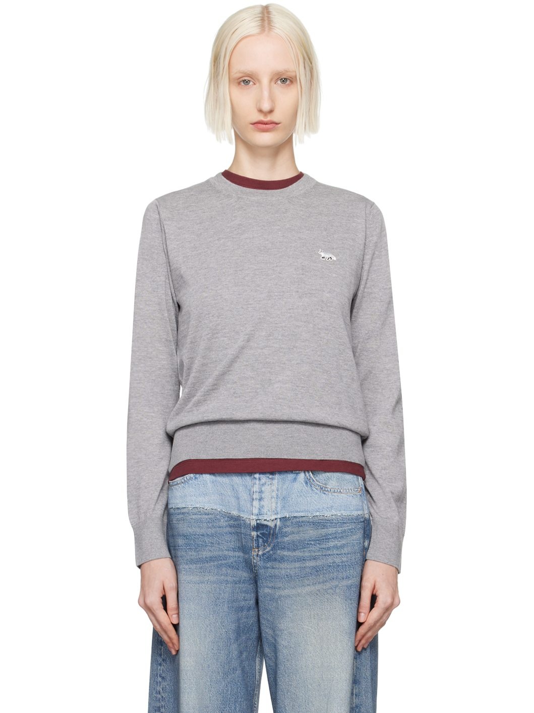 Gray Baby Fox Patch Regular Sweater - 1