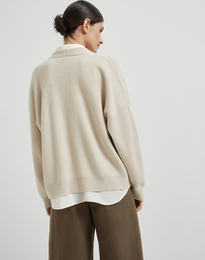 Brunello Cucinelli Cashmere English rib cardigan with detachable blouse and monili outlook