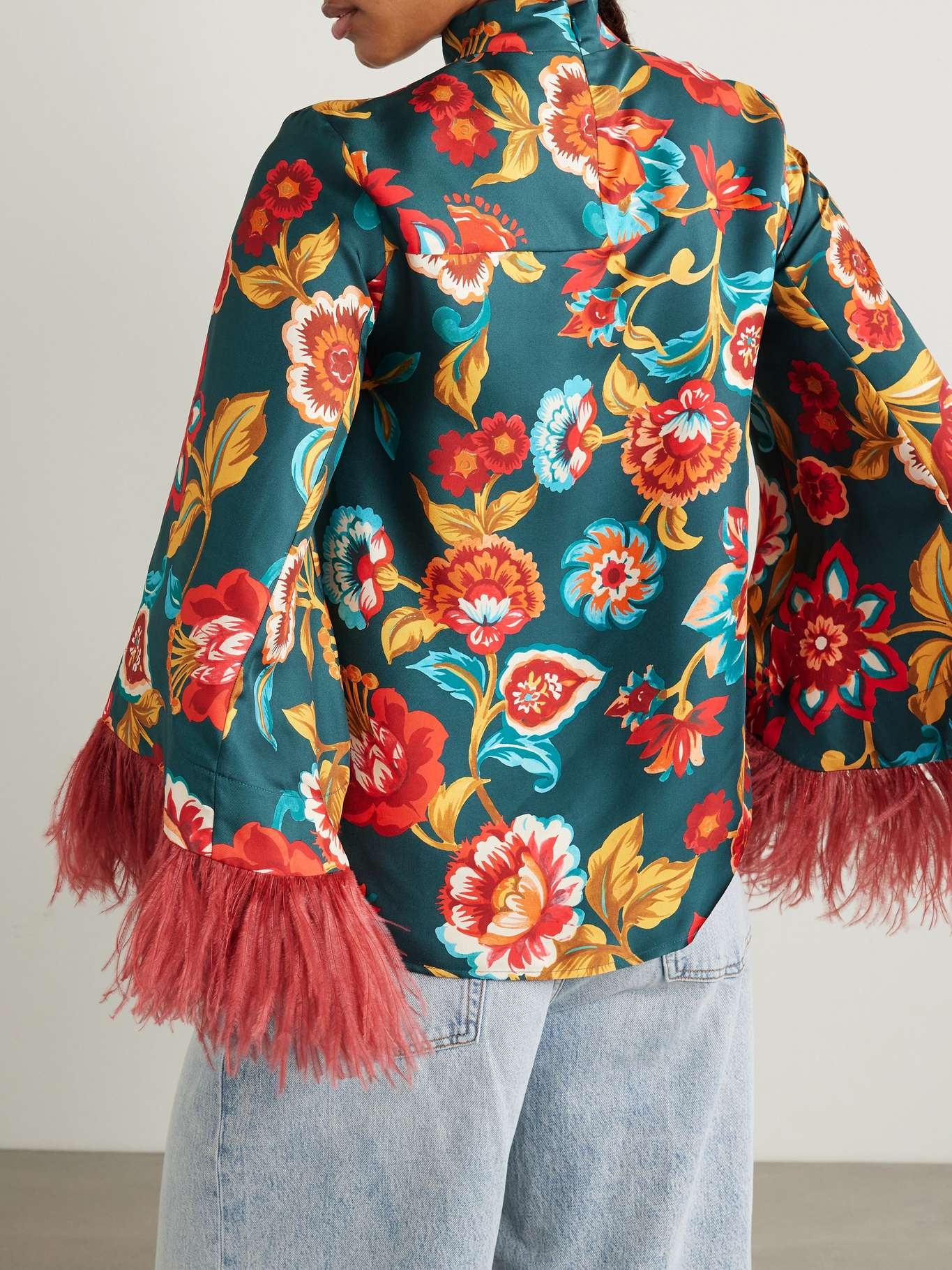 Make An Exit feather-trimmed floral-print silk-twill top - 3