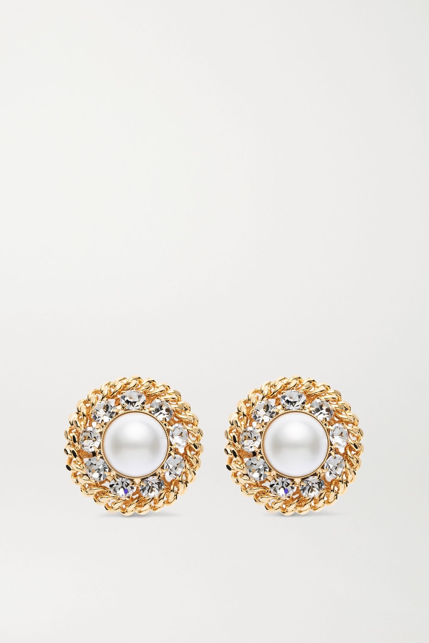 Oversized gold-plated, faux pearl and crystal clip earrings - 1