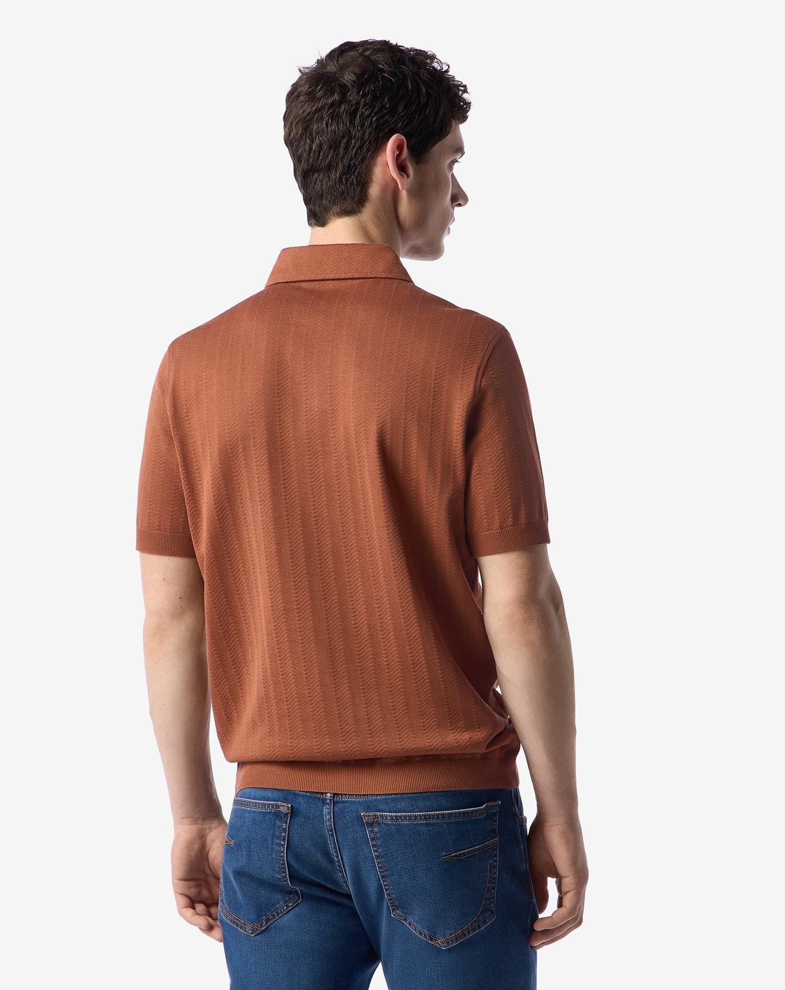 Burnt earth button-up lisle thread polo shirt - 3