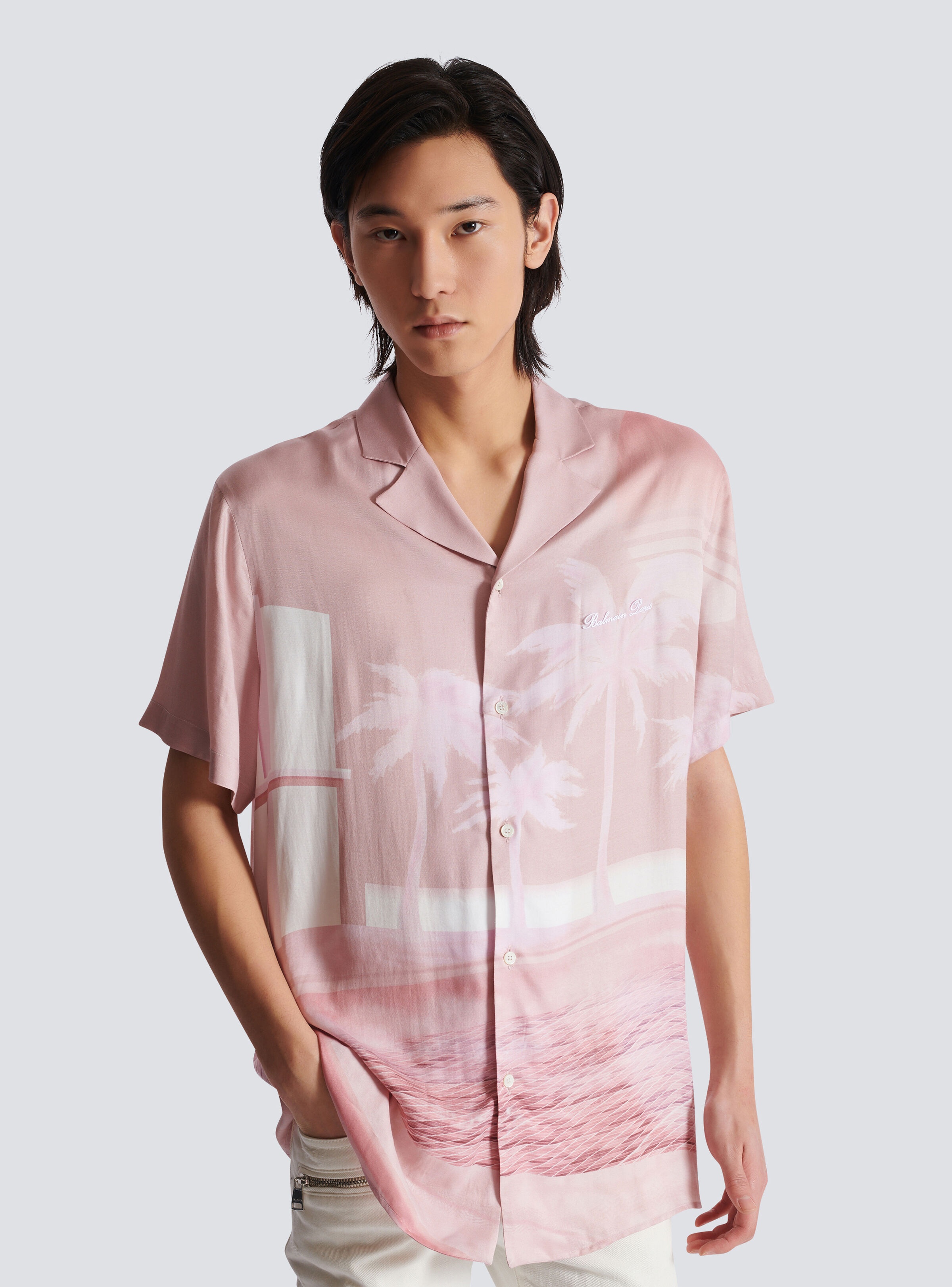 Short-sleeved twill pyjama shirt with Postcard print - 6