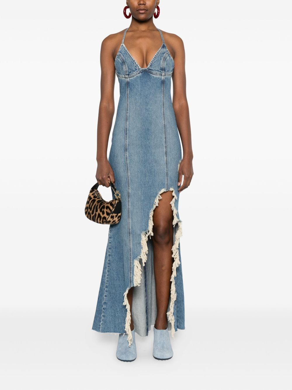halter-neck frayed-hem denim dress - 2
