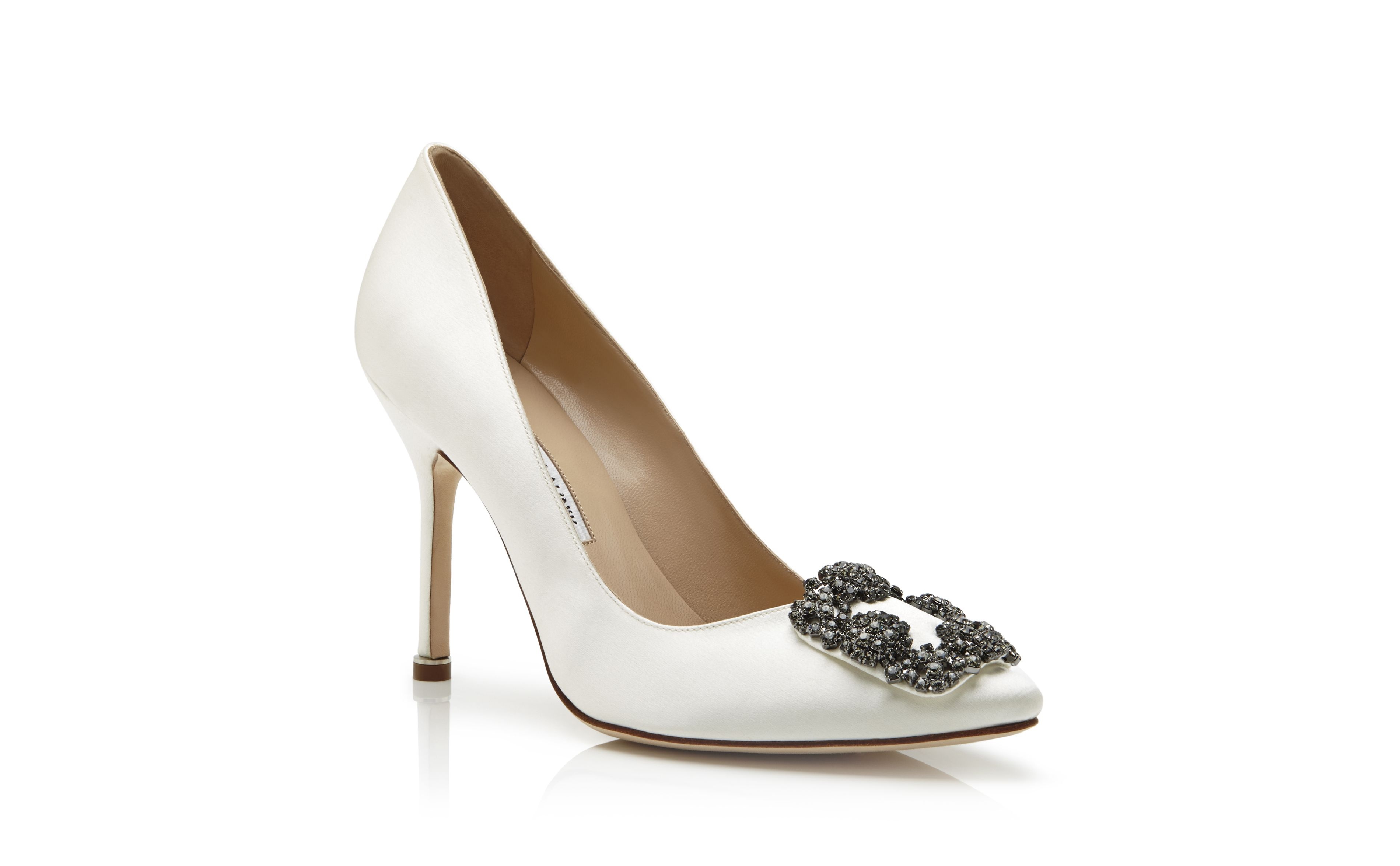 White Satin Jewel Buckle Pumps - 3