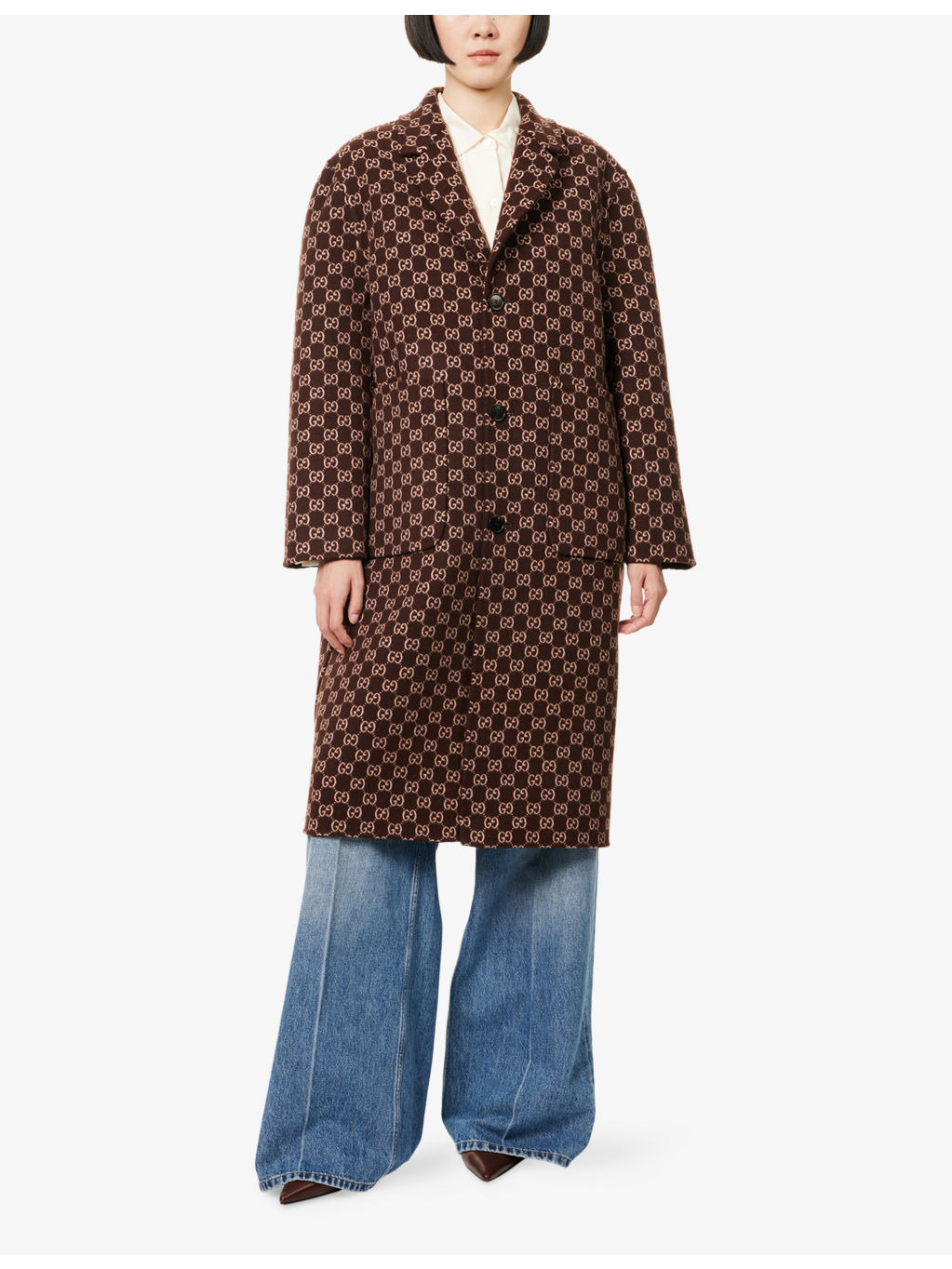 Monogram-Pattern Notch-Lapel Wool Coat - 2