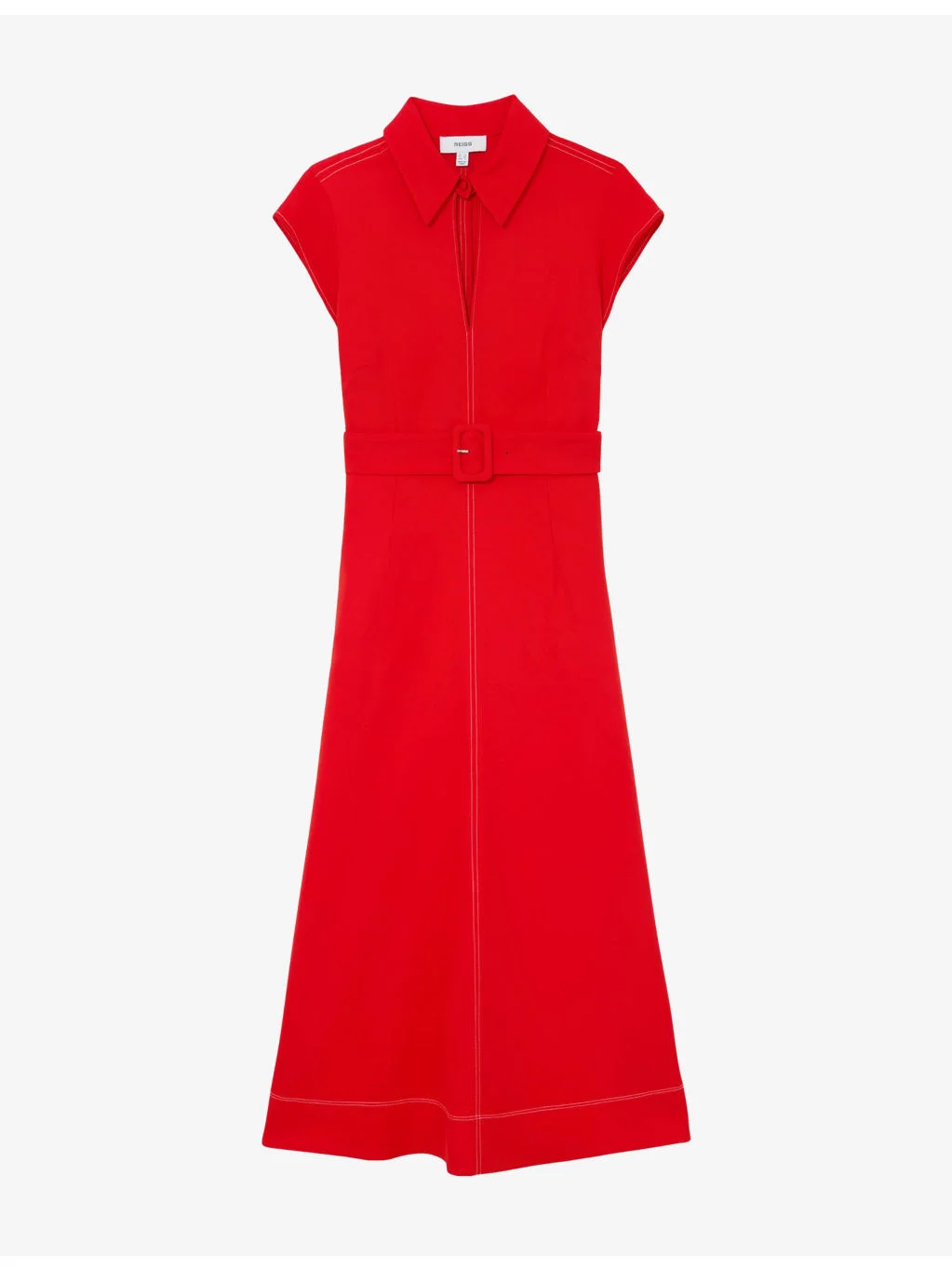 Sloane Collared Belted-Waist Stretch-Woven Midi Dress - 1
