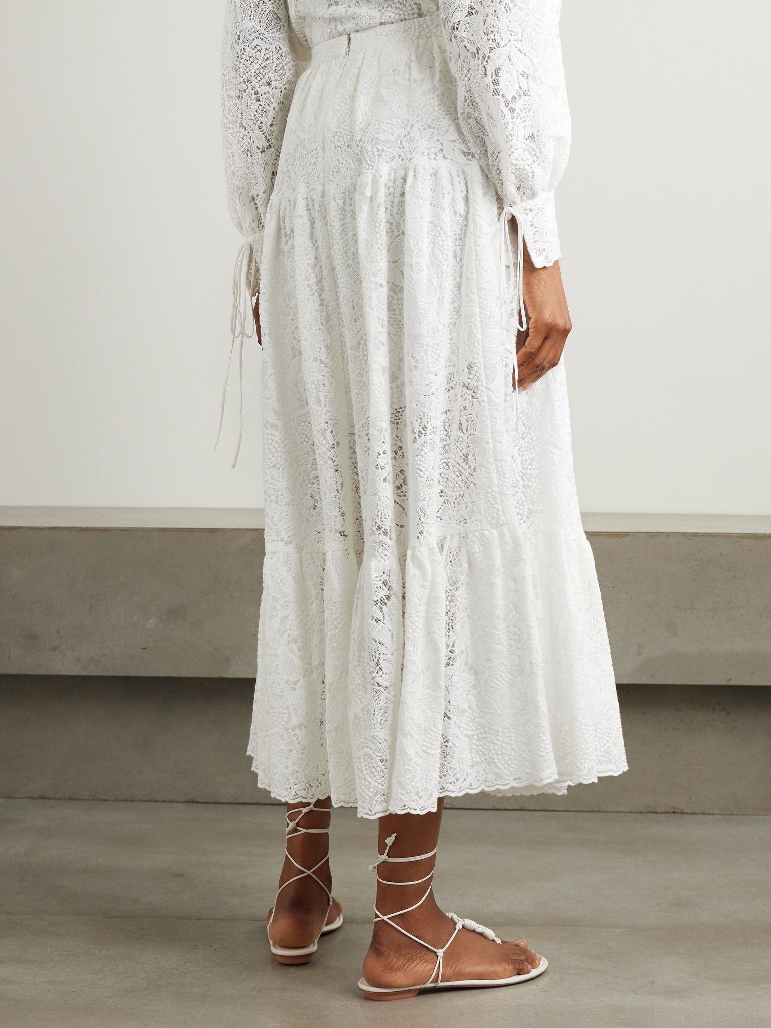Tiered cotton-lace midi skirt Ivory - 3