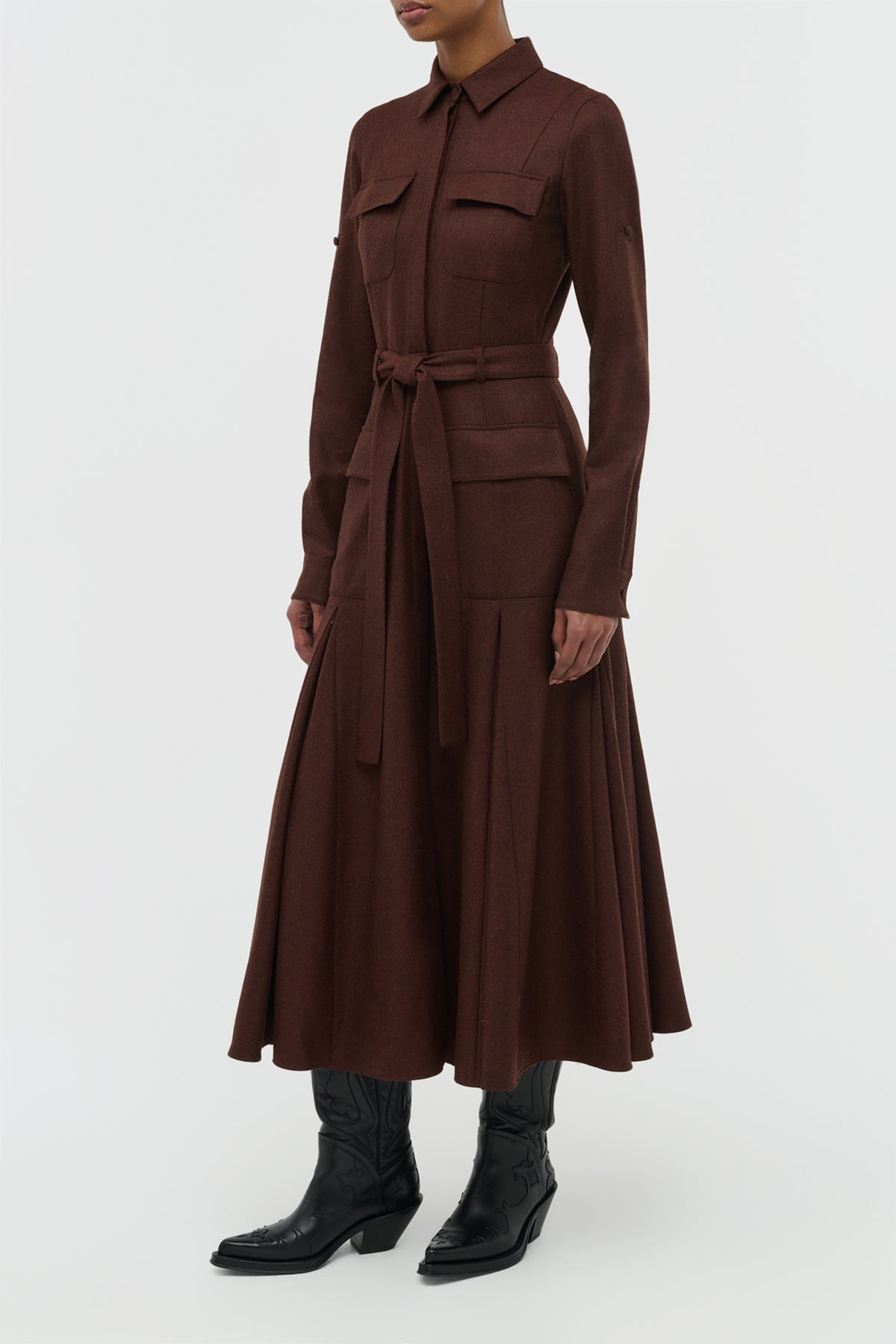 Meyer Pleated Maxi Shirtdress in Burnt Sienna Wool Cashmere Flannel - 3