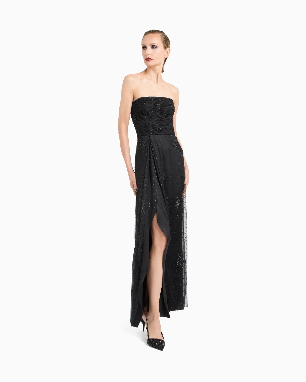 SILK BLEND LONG BUSTIER DRESS WITH RHINESTONE EMBROIDERY - 4