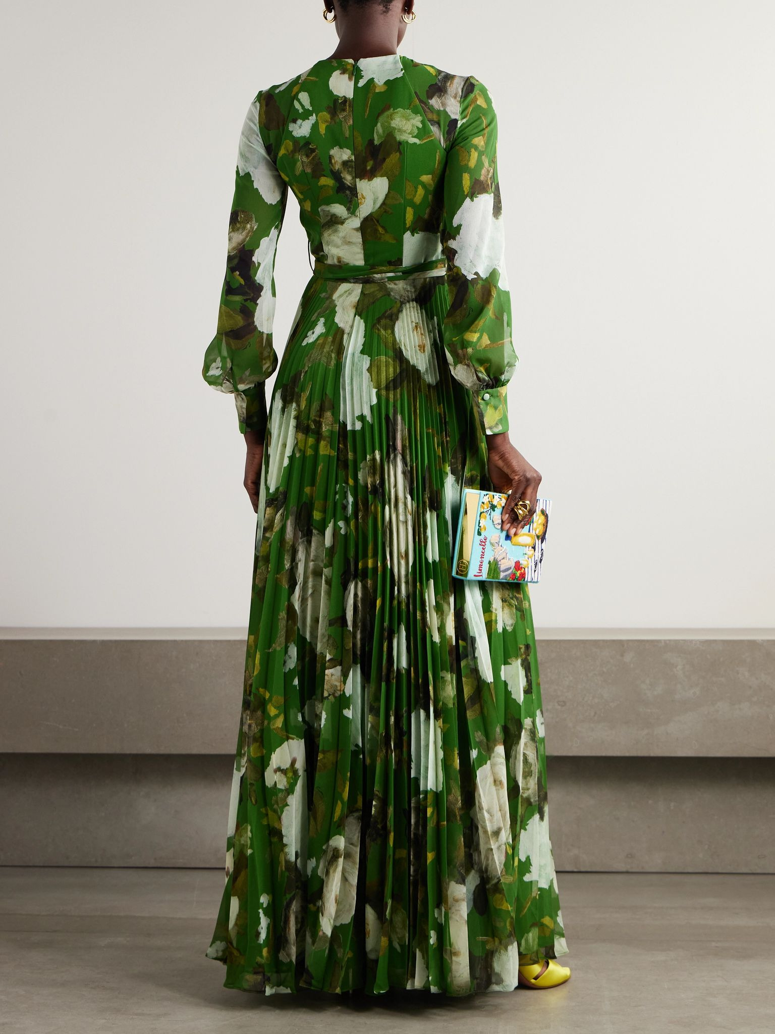 Belted pleated floral-print crepe de chine gown Green - 3