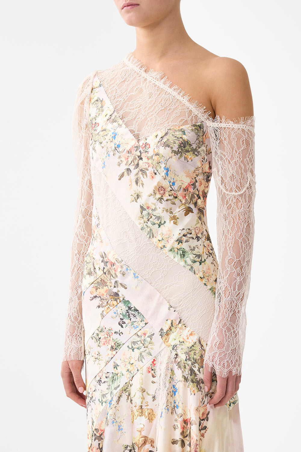 LACE SPLICE ONE SHOULDER DRESS - 5