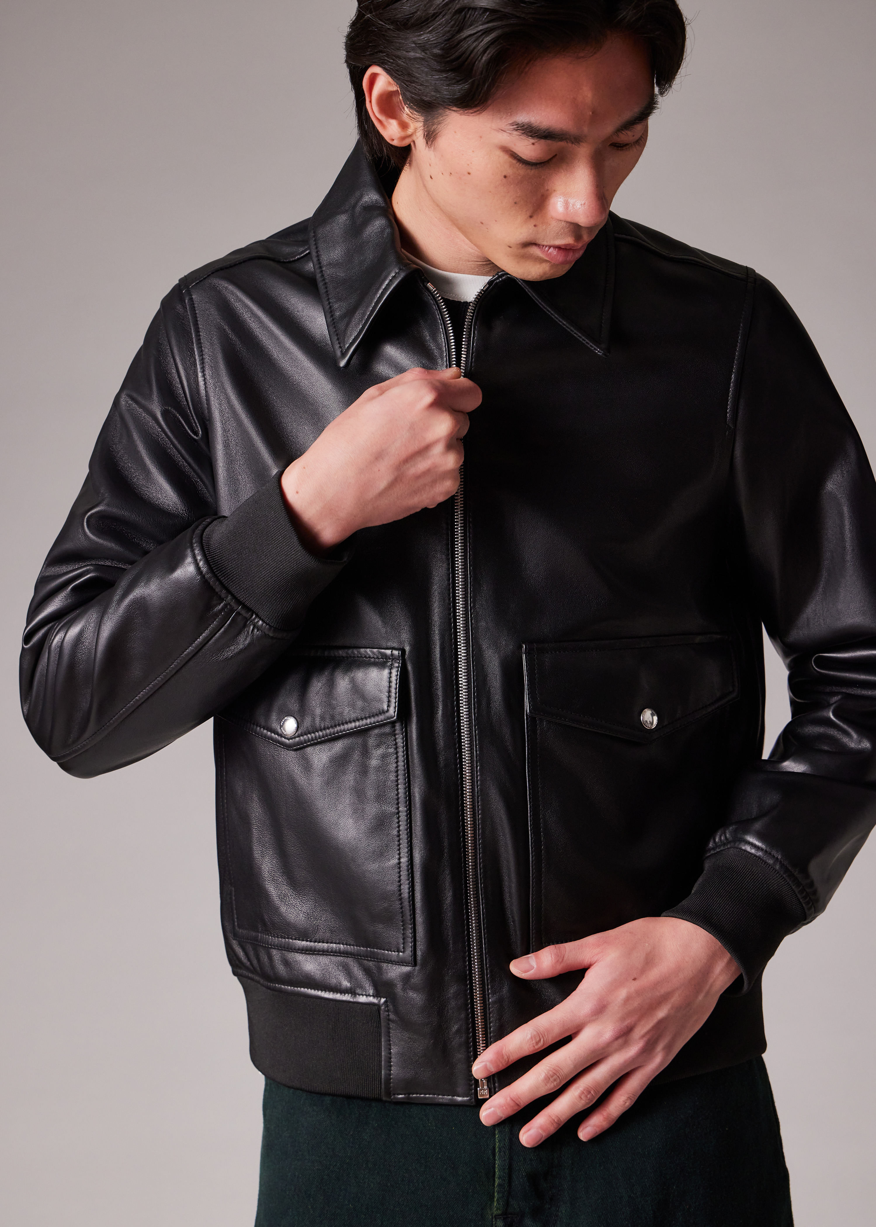 Black Leather Patch-Pocket Jacket - 7