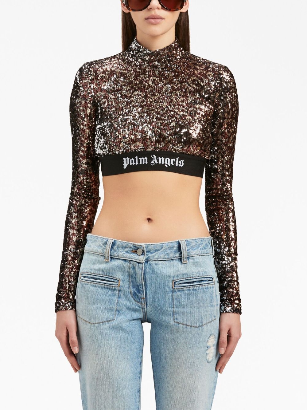 logo-strap sequin cropped top - 3