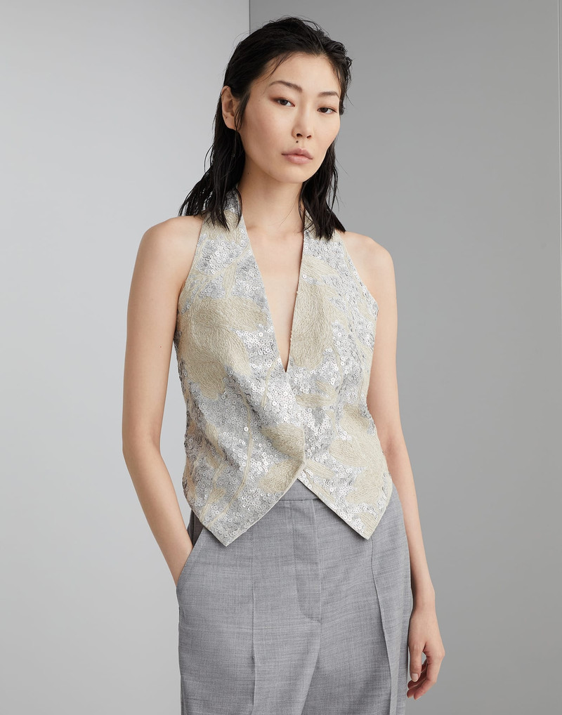Linen halterneck vest with magnolia embroidery 1
