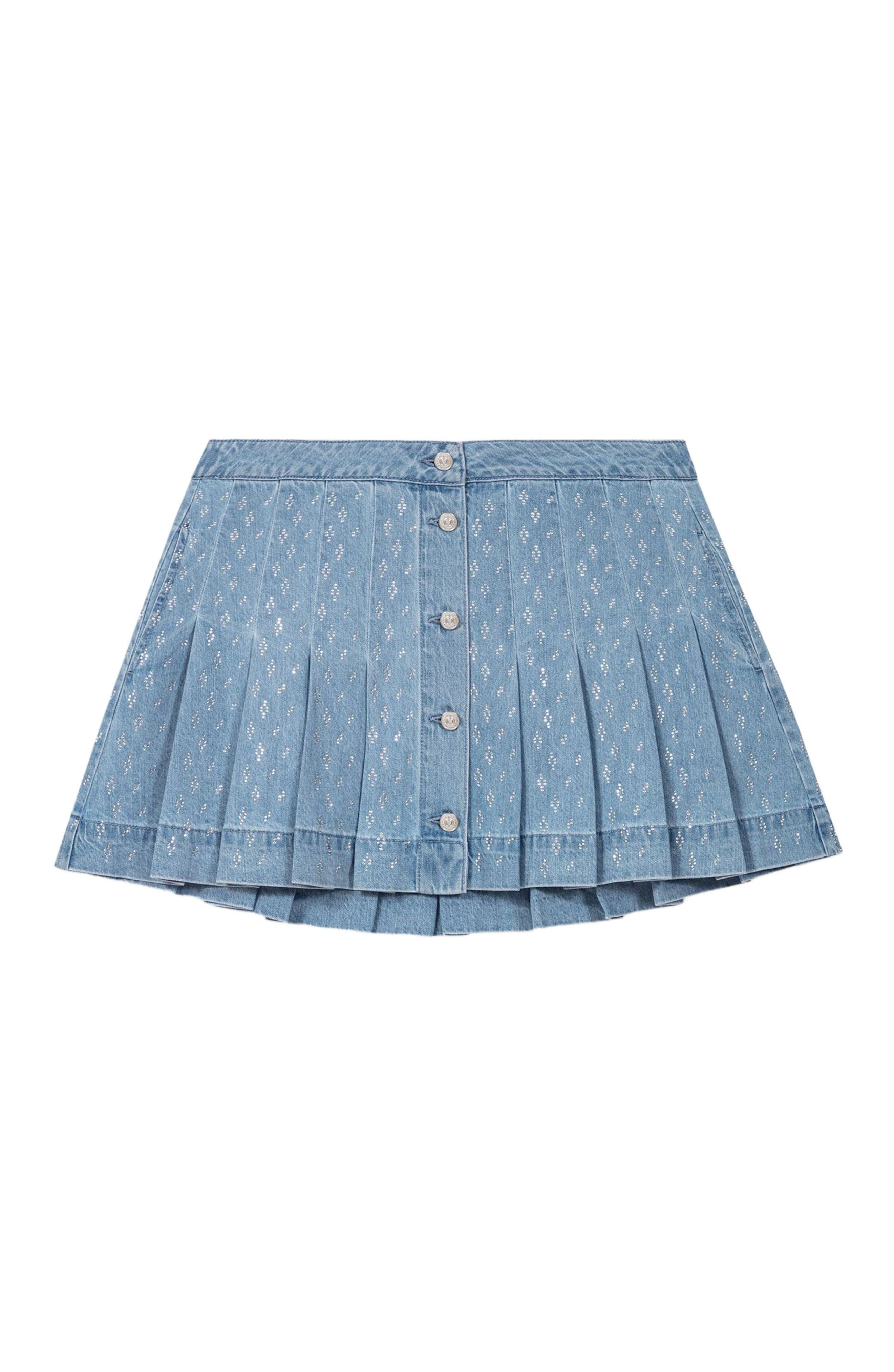 maje Rhinestone pleated denim skirt in Denim Blue at Nordstrom - 7