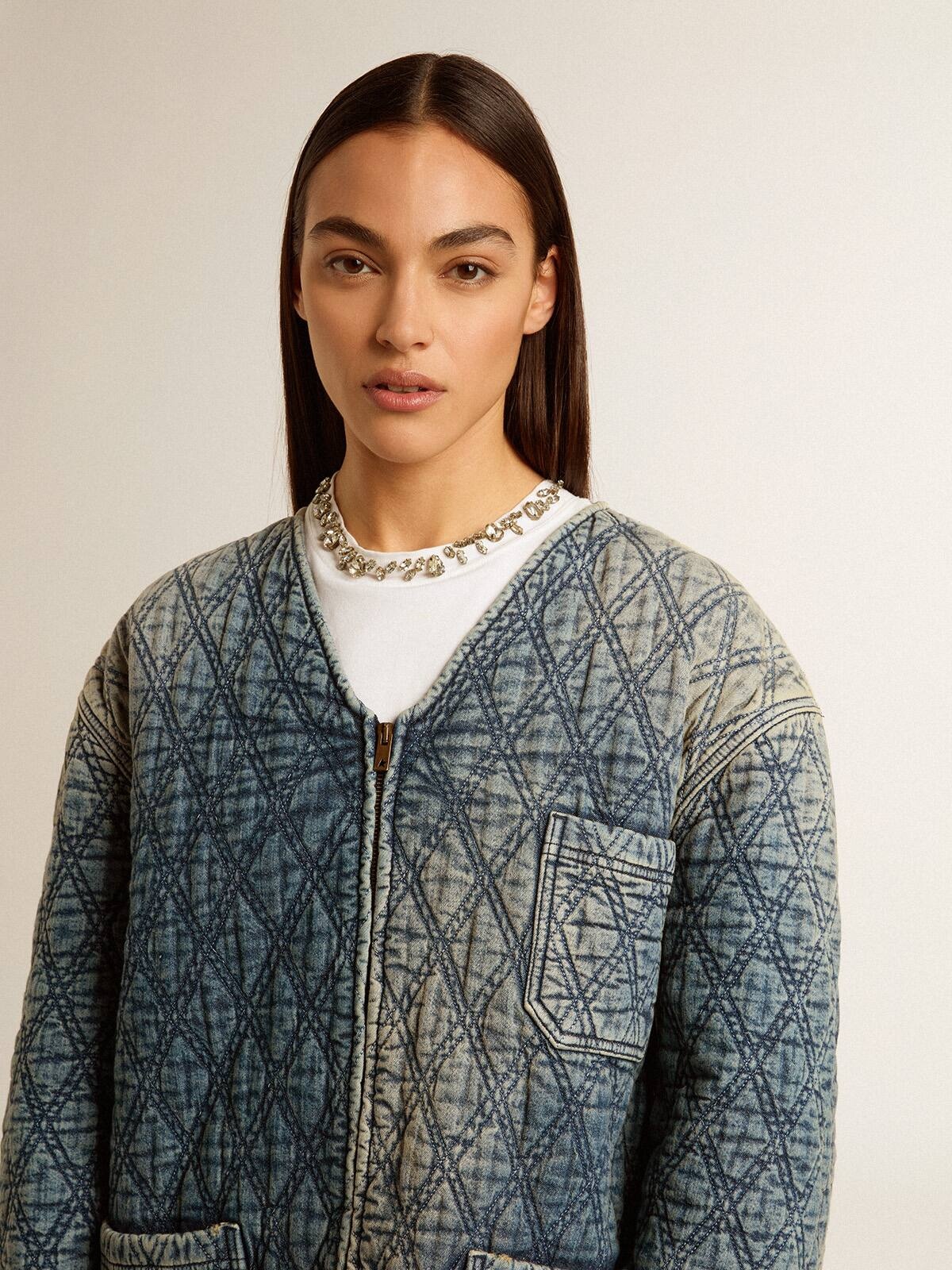 Women's blue quilted jacket in cotton denim with distressed finish - 5