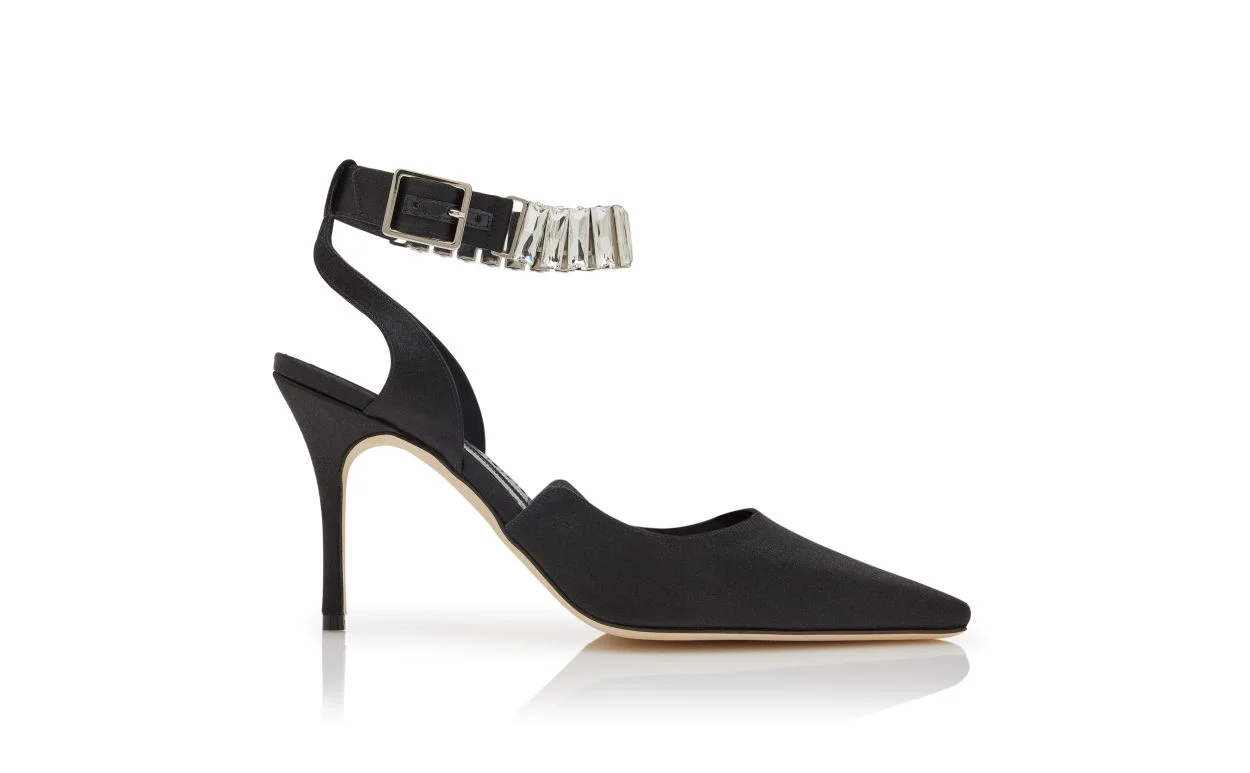 Black Satin Crystal Embellished Ankle Strap Pumps - 1