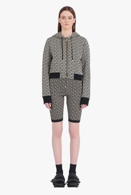 Cropped hooded cotton sweatshirt with ivory and black Balmain monogram - 4