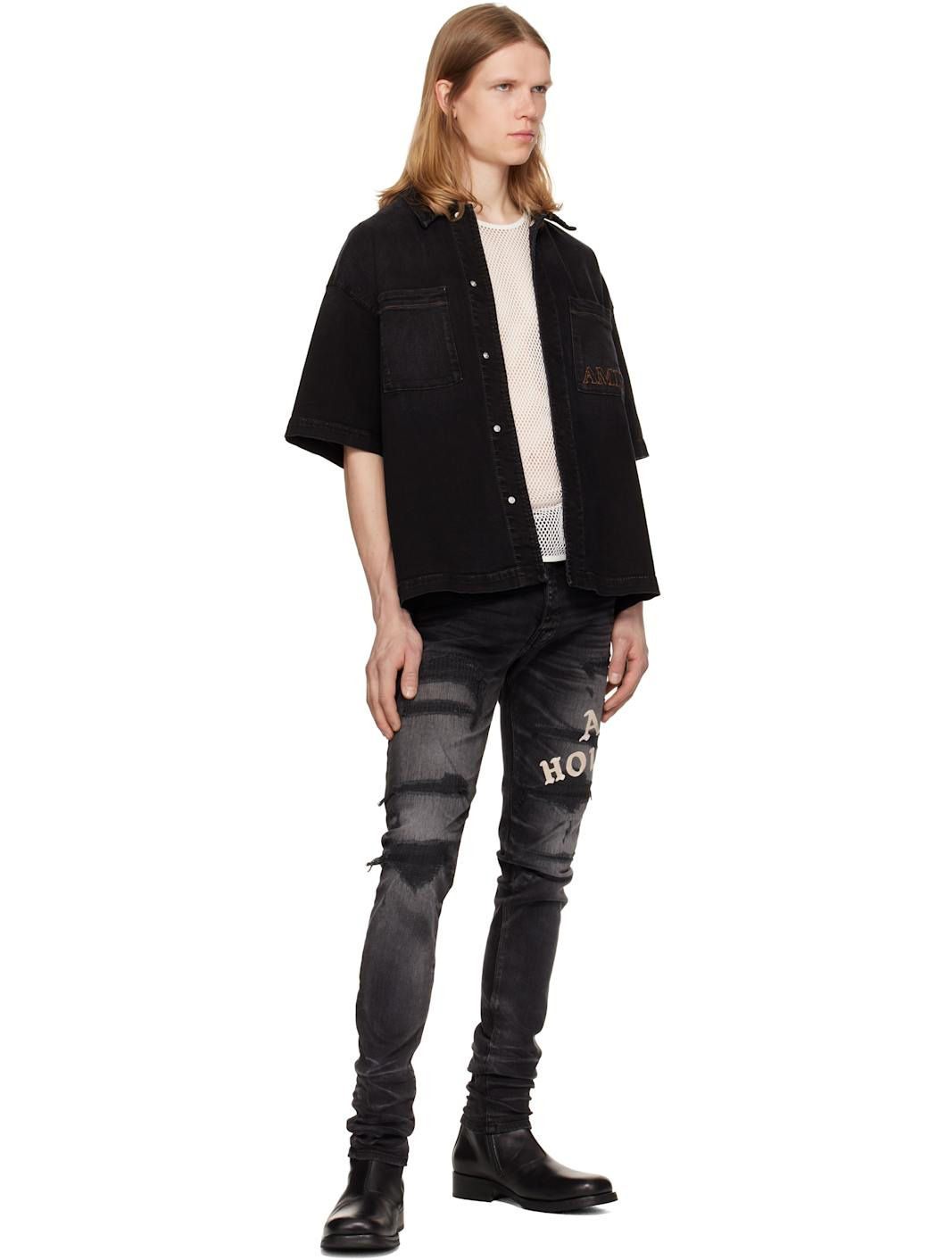 Black 'AMIRI' 3D Short Sleeve Snap Denim Shirt - 4