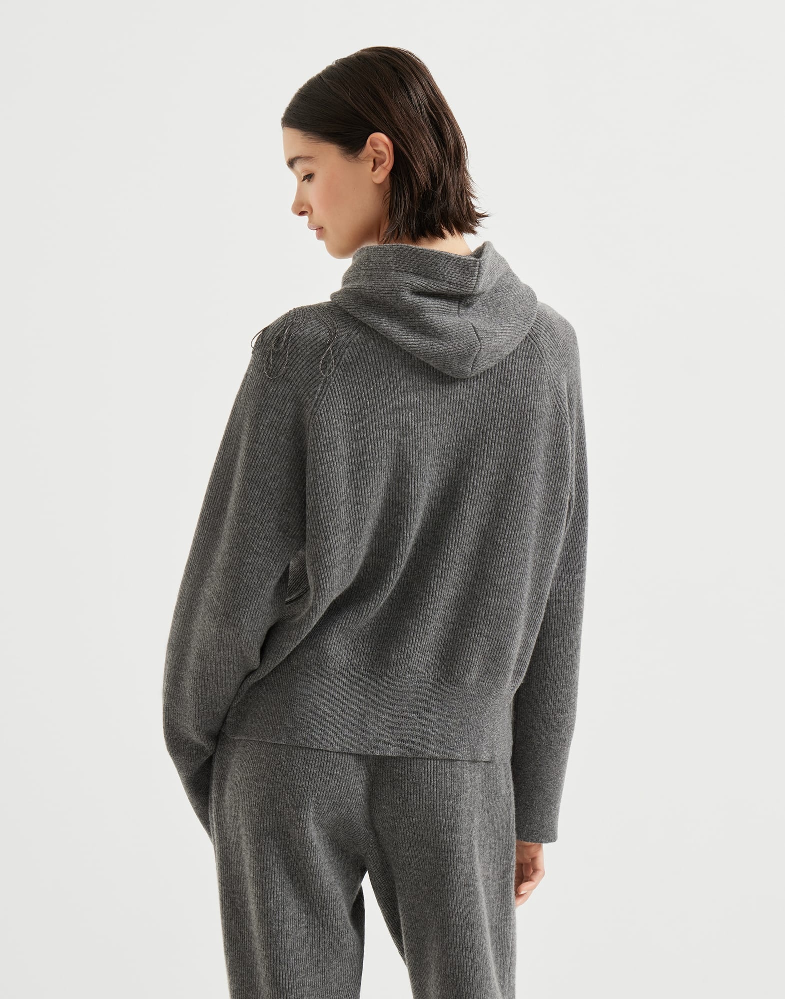 Cashmere English rib hooded sweater with shiny flower embroidery - 2