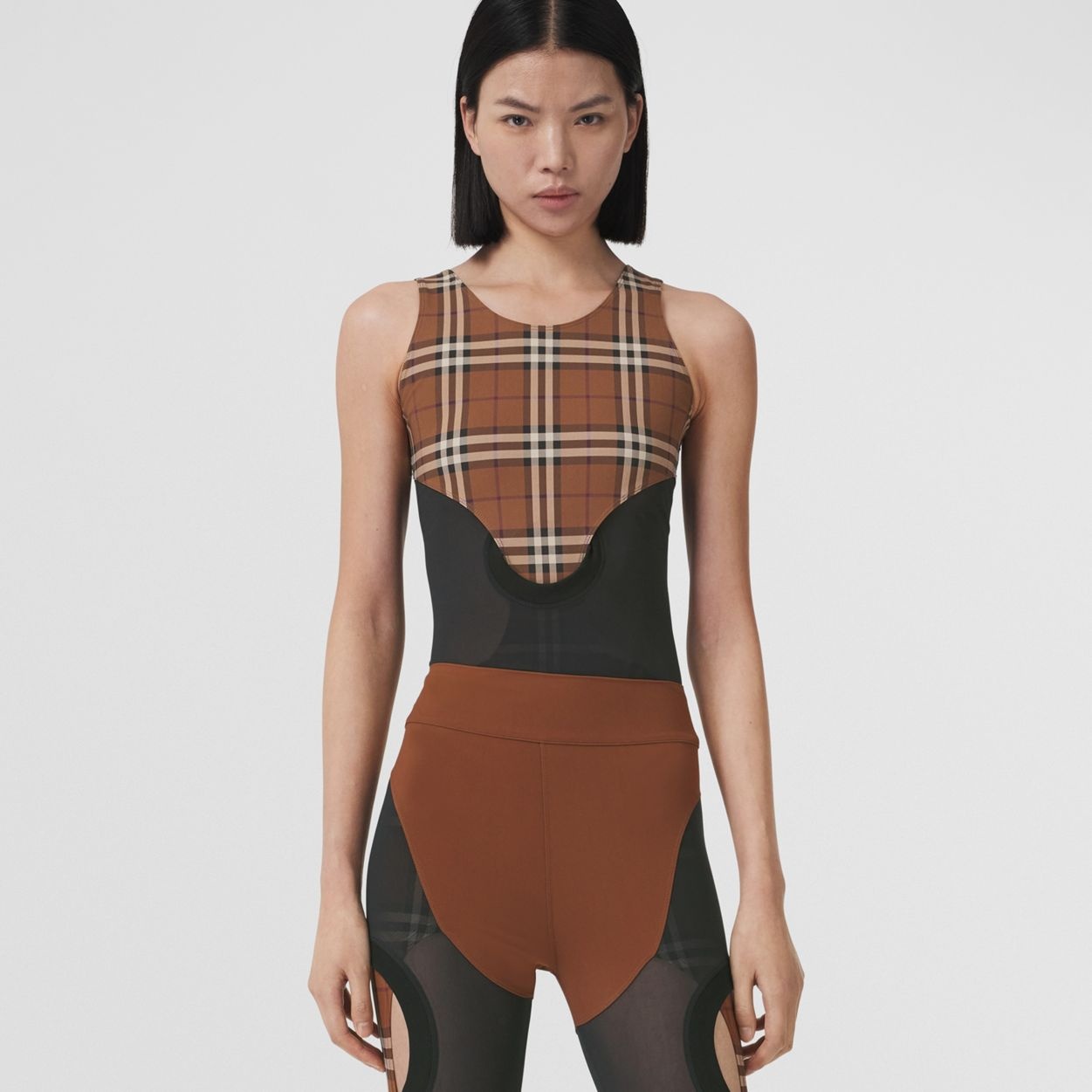 Check Stretch Jersey and Mesh Bodysuit - 5