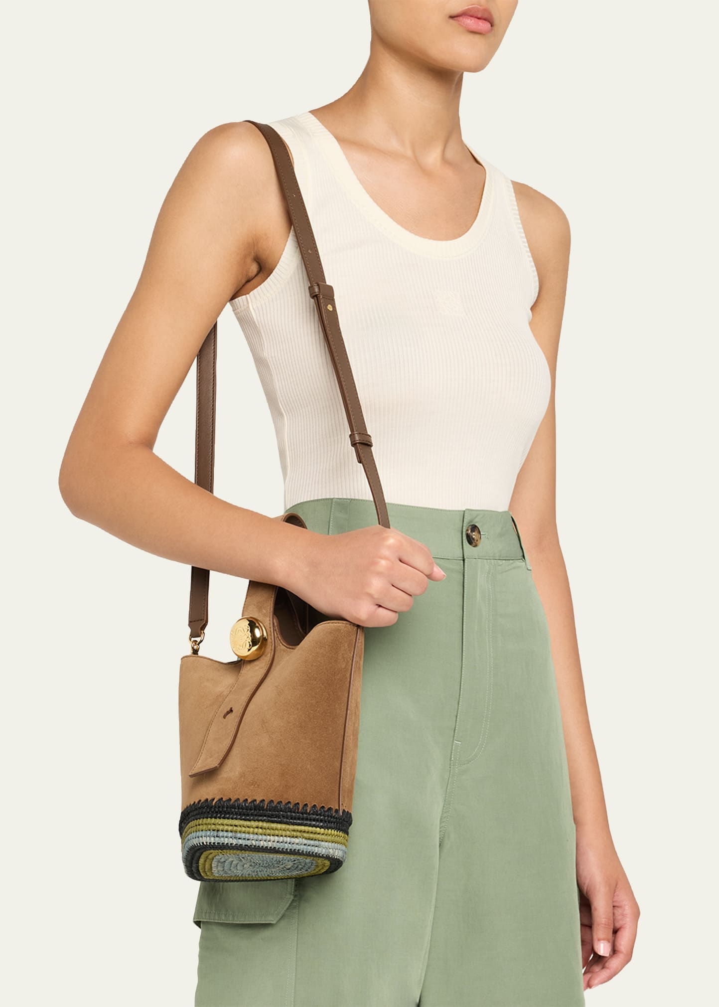 Pebble Raffia-Bottom Mini Bucket Bag in Suede - 2