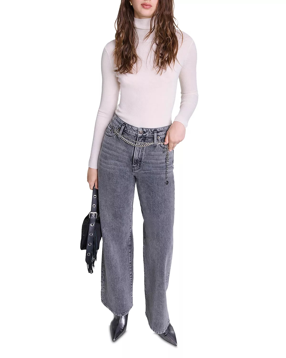 Belted Wide Leg Jeans in Grey - 9