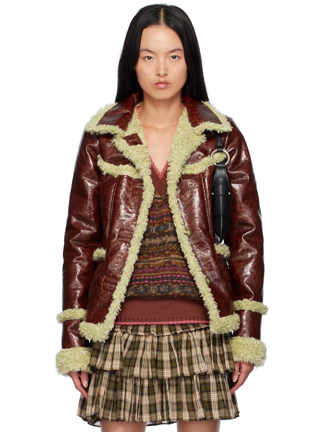 Brown Curly Trim Faux-Leather Jacket - 1