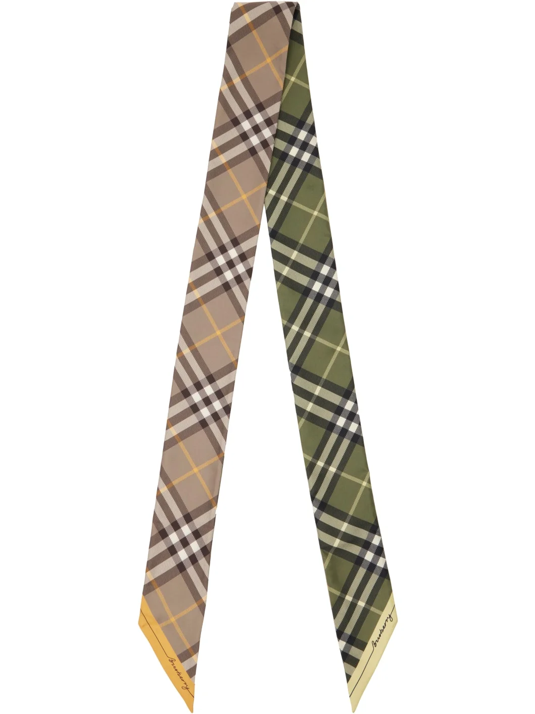 Beige & Green Skinny Contrast Check Silk Scarf - 1