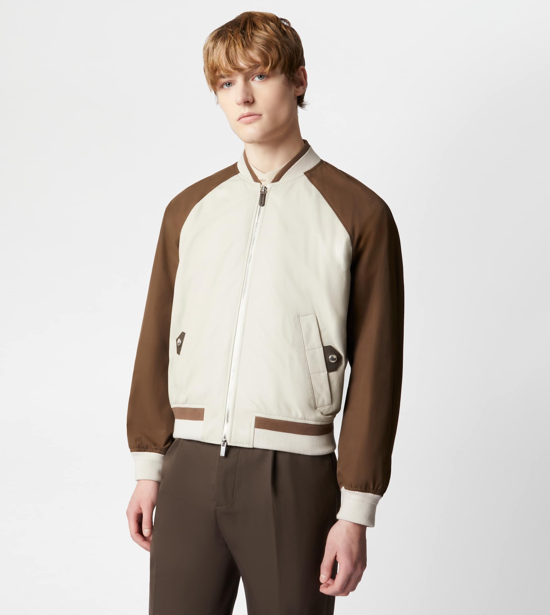 BOMBER JACKET IN LEATHER - BROWN, OFF WHITE - 6
