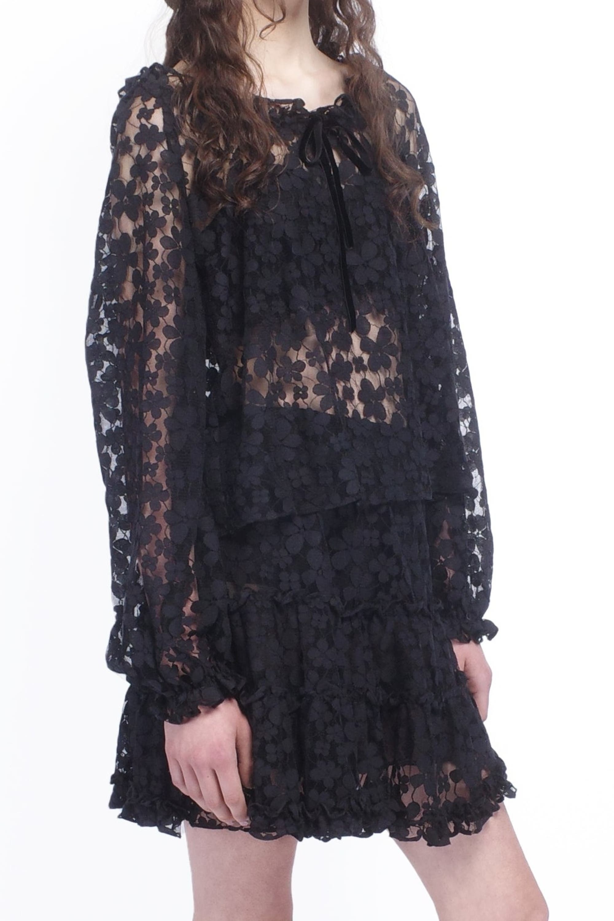 Anna Sui Shadow Blossom Tulle Elastic Lace Blouse in Black at Nordstrom - 2