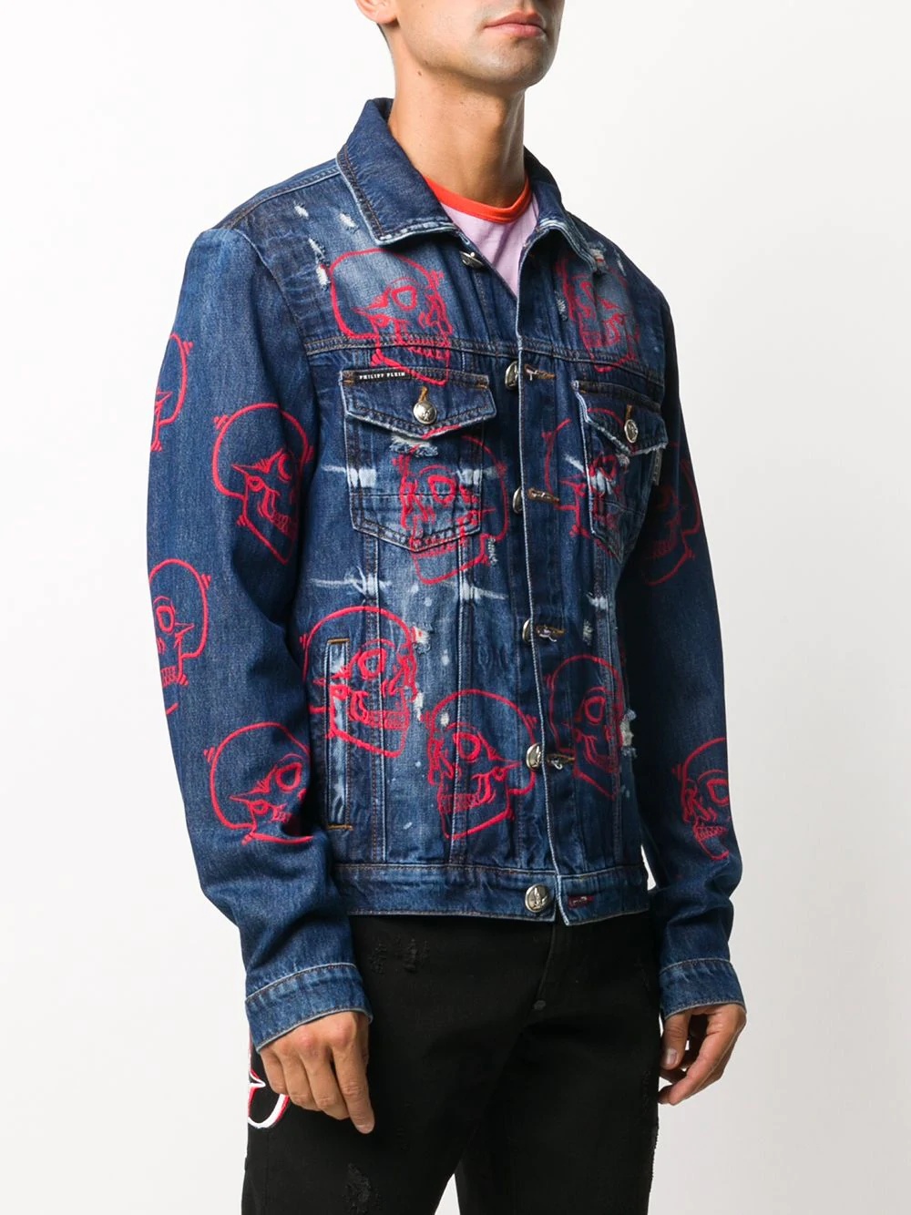 outline skull denim jacket - 3