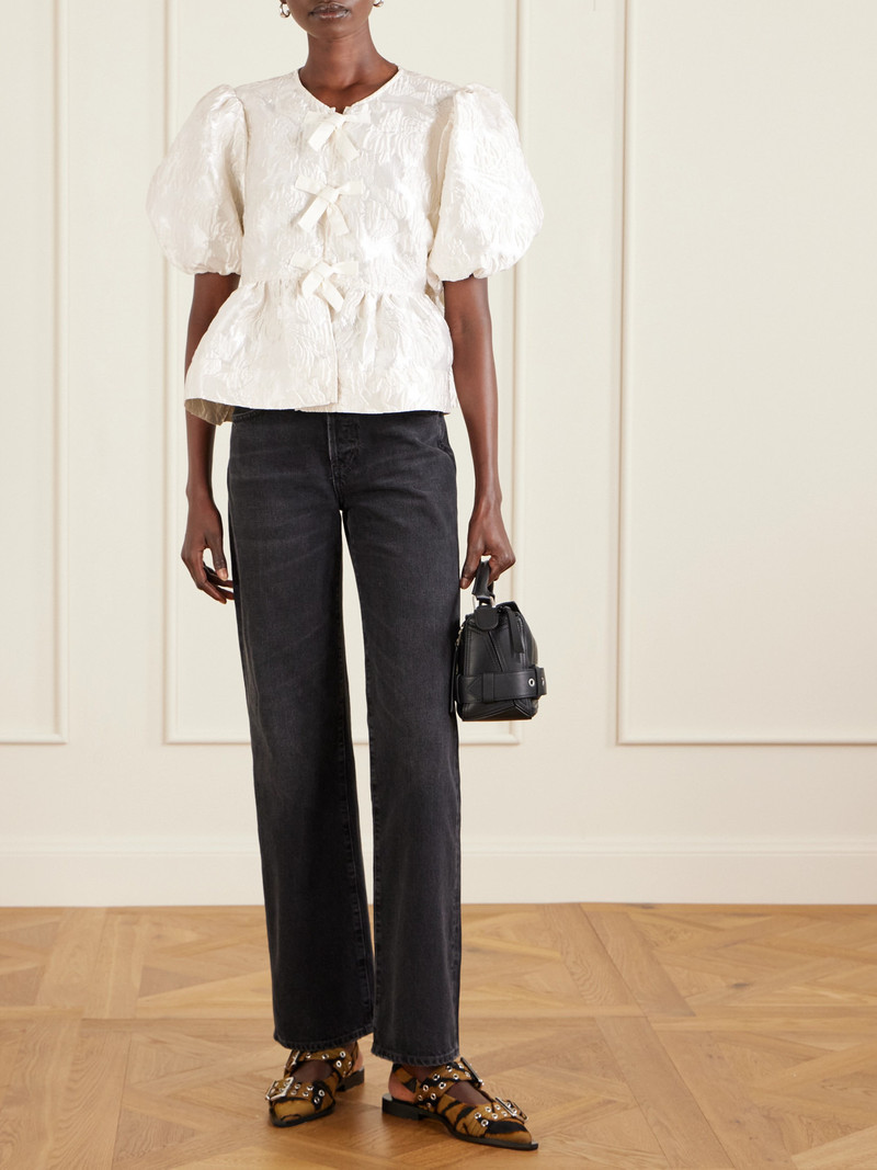 GANNI Bow-detailed Cloqué Peplum Blouse outlook