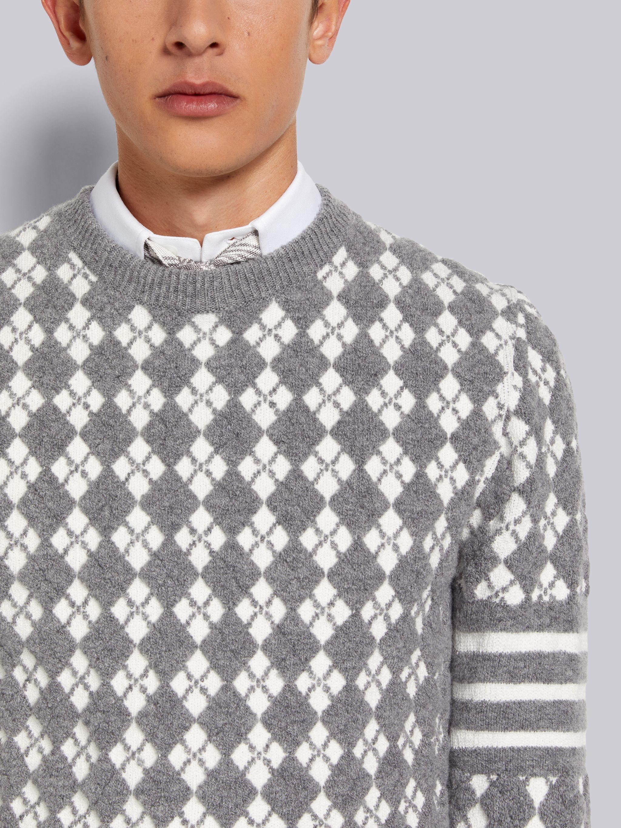 Light Grey Terry Stitch Argyle Jacquard 4-Bar Crew Neck Pullover - 5