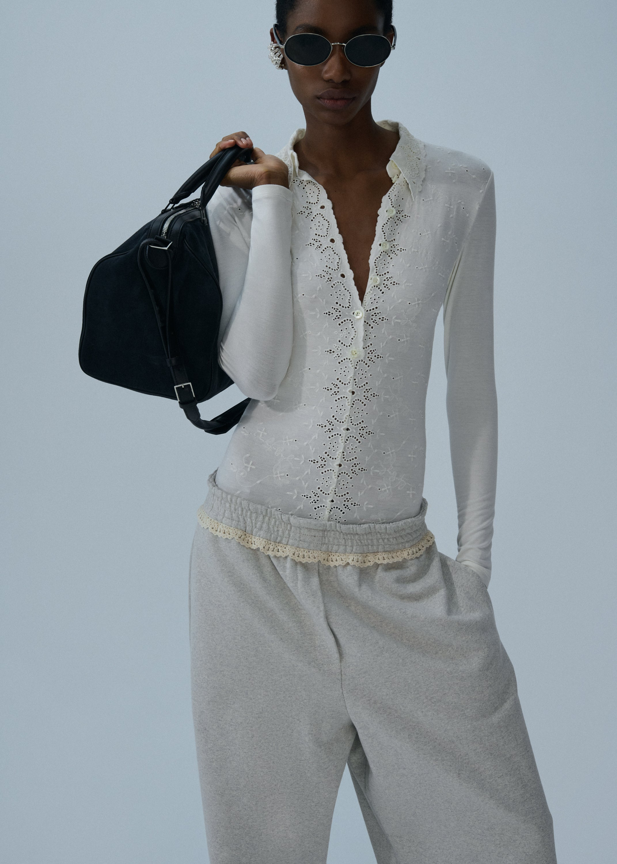 Long-sleeve tricot polo bodysuit in cream - 3