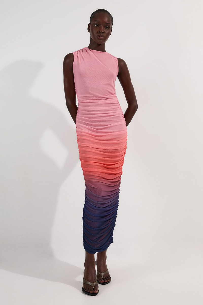 Sunset Ombre Mesh Ruched Jersey Maxi Dress 1