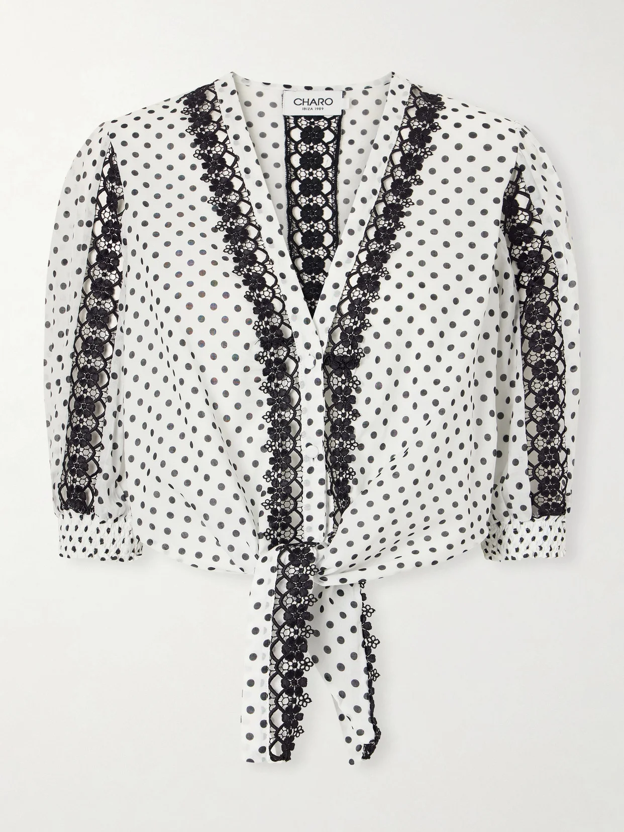 Olivar Knotted Guipure Lace-trimmed Polka-dot Cotton-blend Voile Blouse - 1