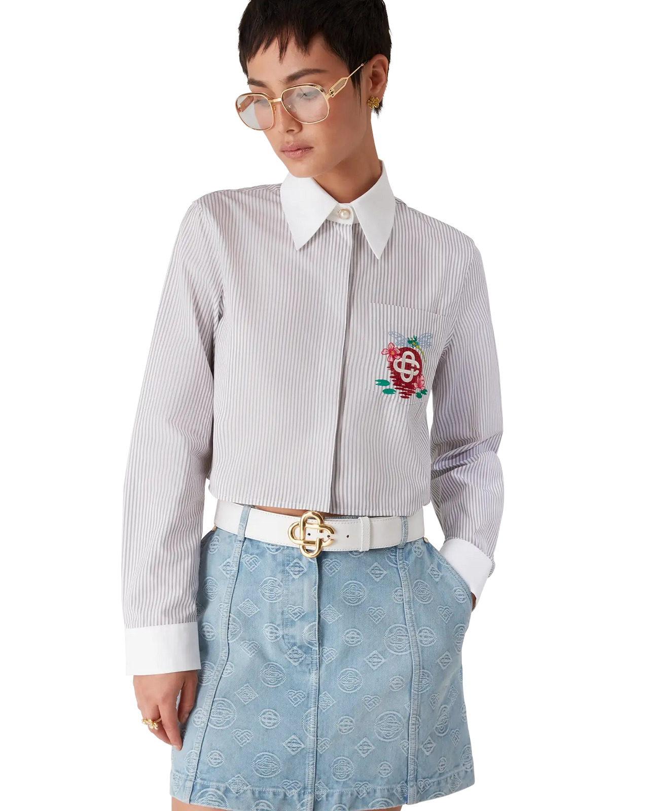 Cotton Pinstripe Embroidered Cropped Shirt | Casablanca Paris - 4