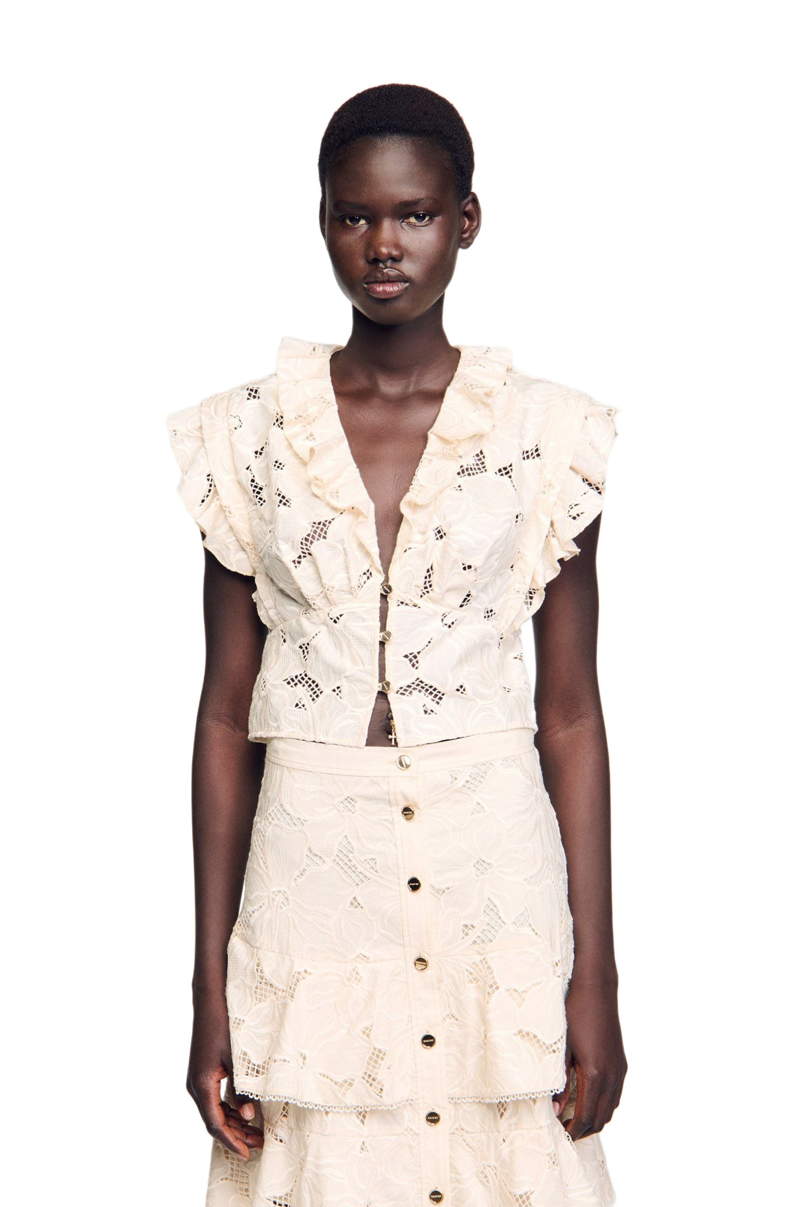 SANDRO Embroidered crop top in Ecru at Nordstrom - 4