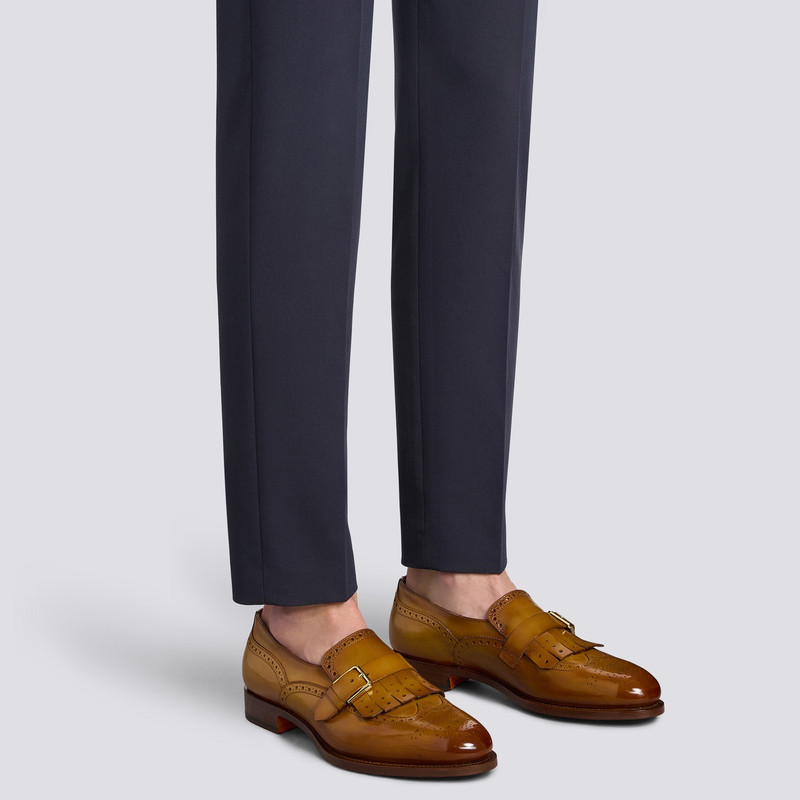 Santoni Men's light brown leather single-buckle shoe with fringe outlook