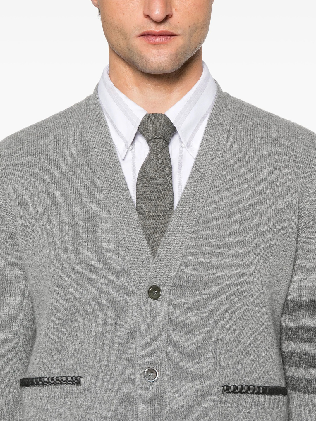 Milano Stitch Merino Wool 4-Bar V Neck Cardigan Men - 5