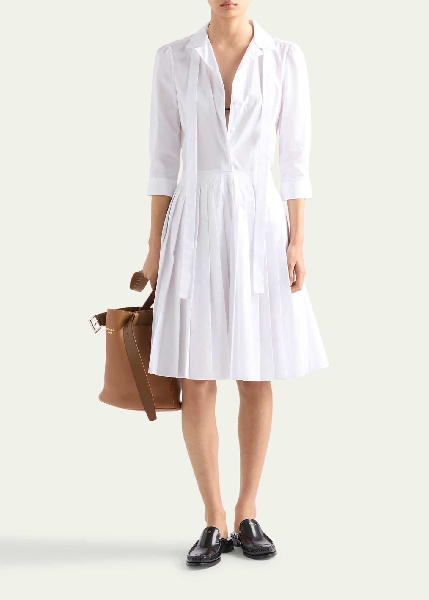 Pleated Popeline Neck-Tie Shirtdress - 2