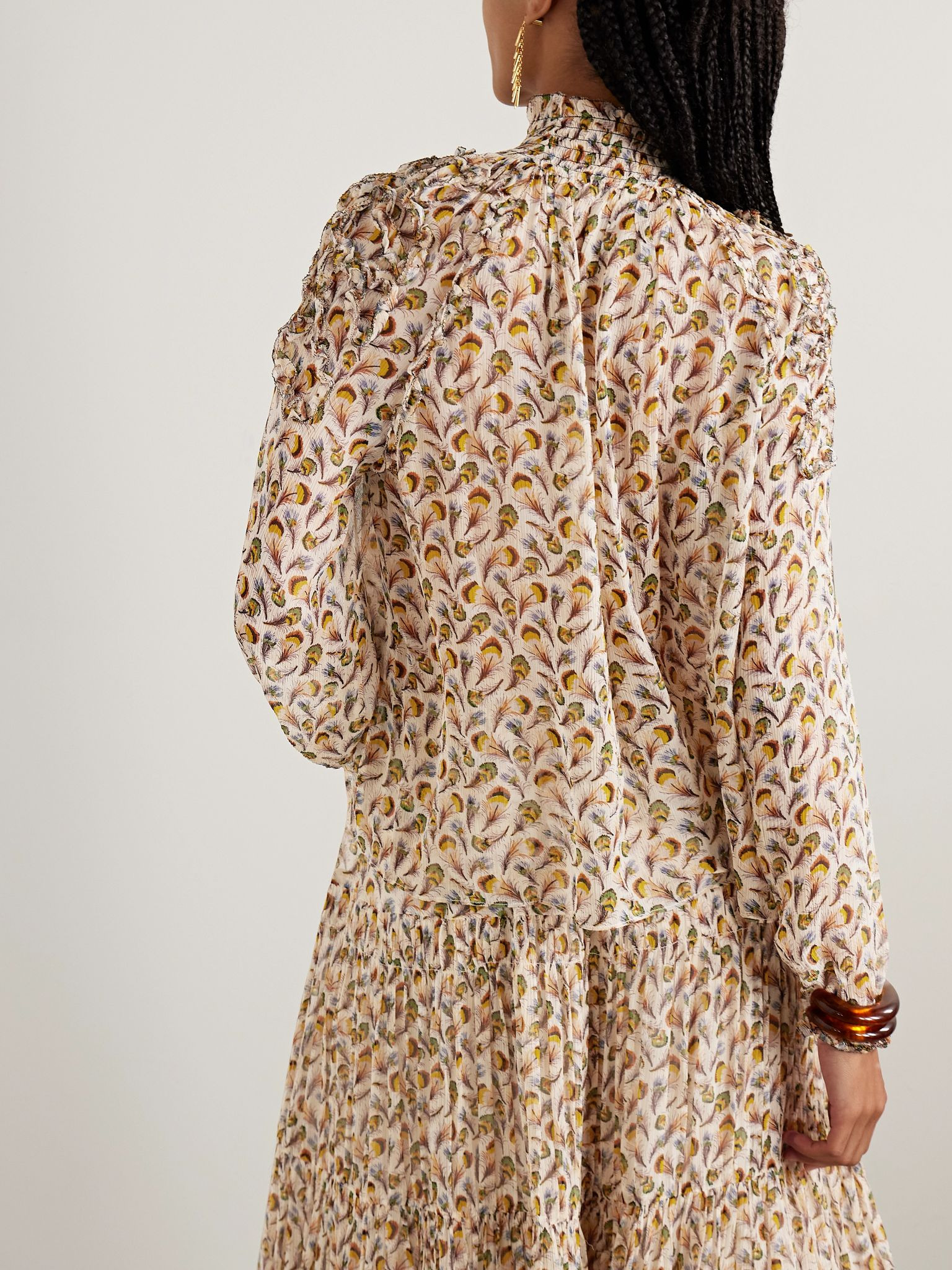 Magdalena ruffled printed silk-crepon blouse Cream - 4