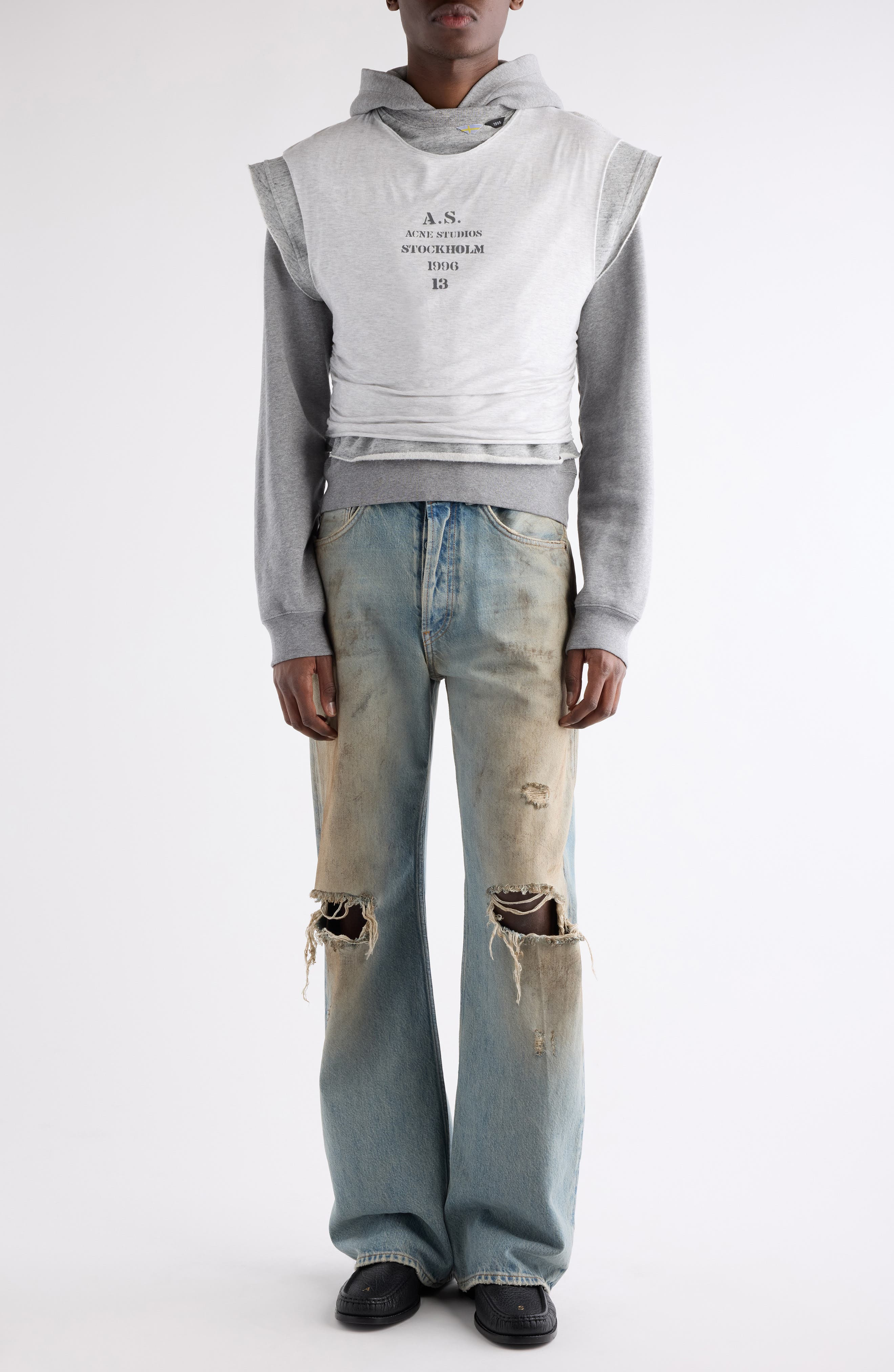 Acne Studios Frederico Stencil Logo Layered Hooded Sweatshirt in Grey Melange at Nordstrom - 2