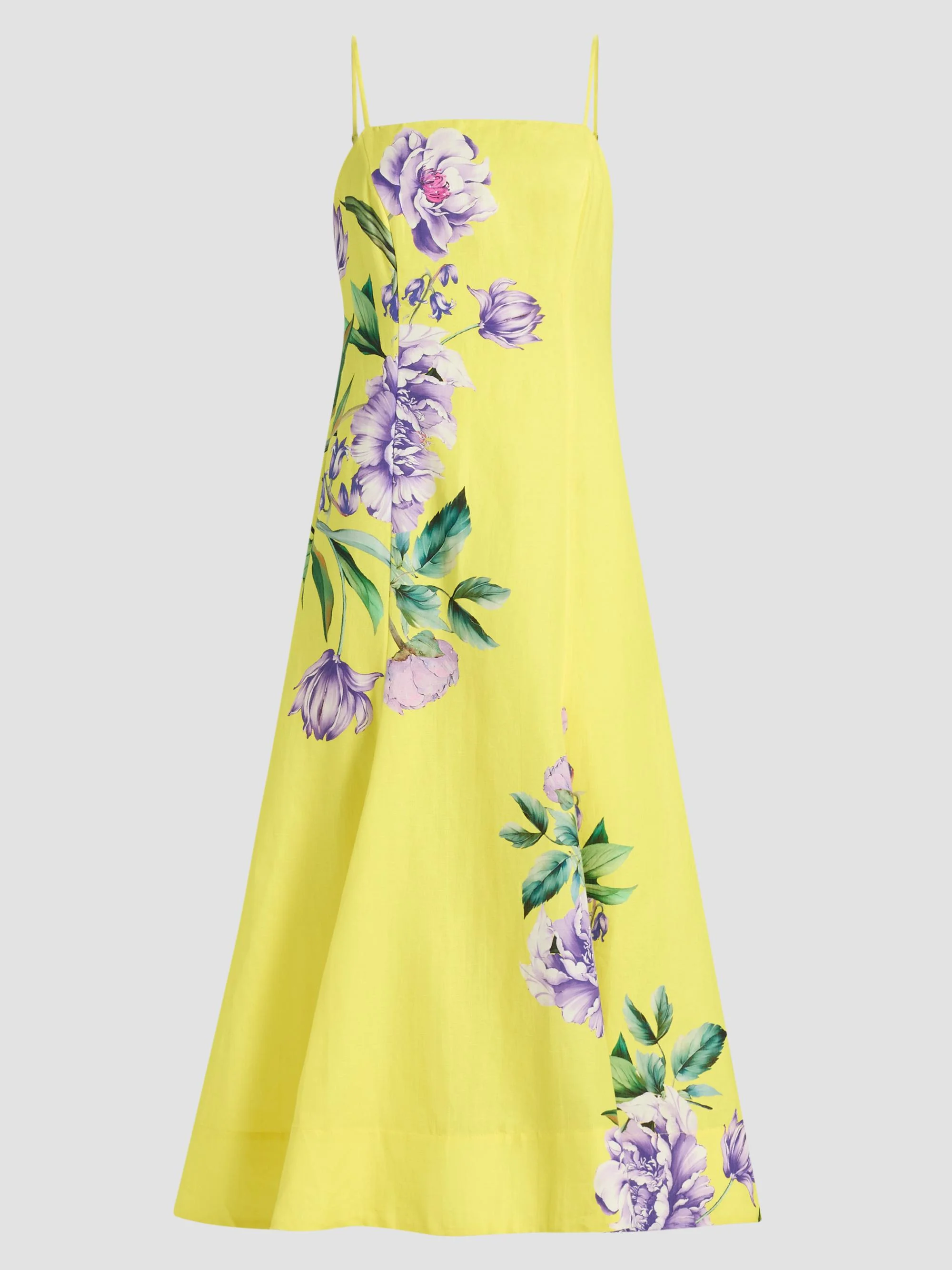 Women's Floral Linen-Cotton A-Line Midi-Dress - Yellow - 1