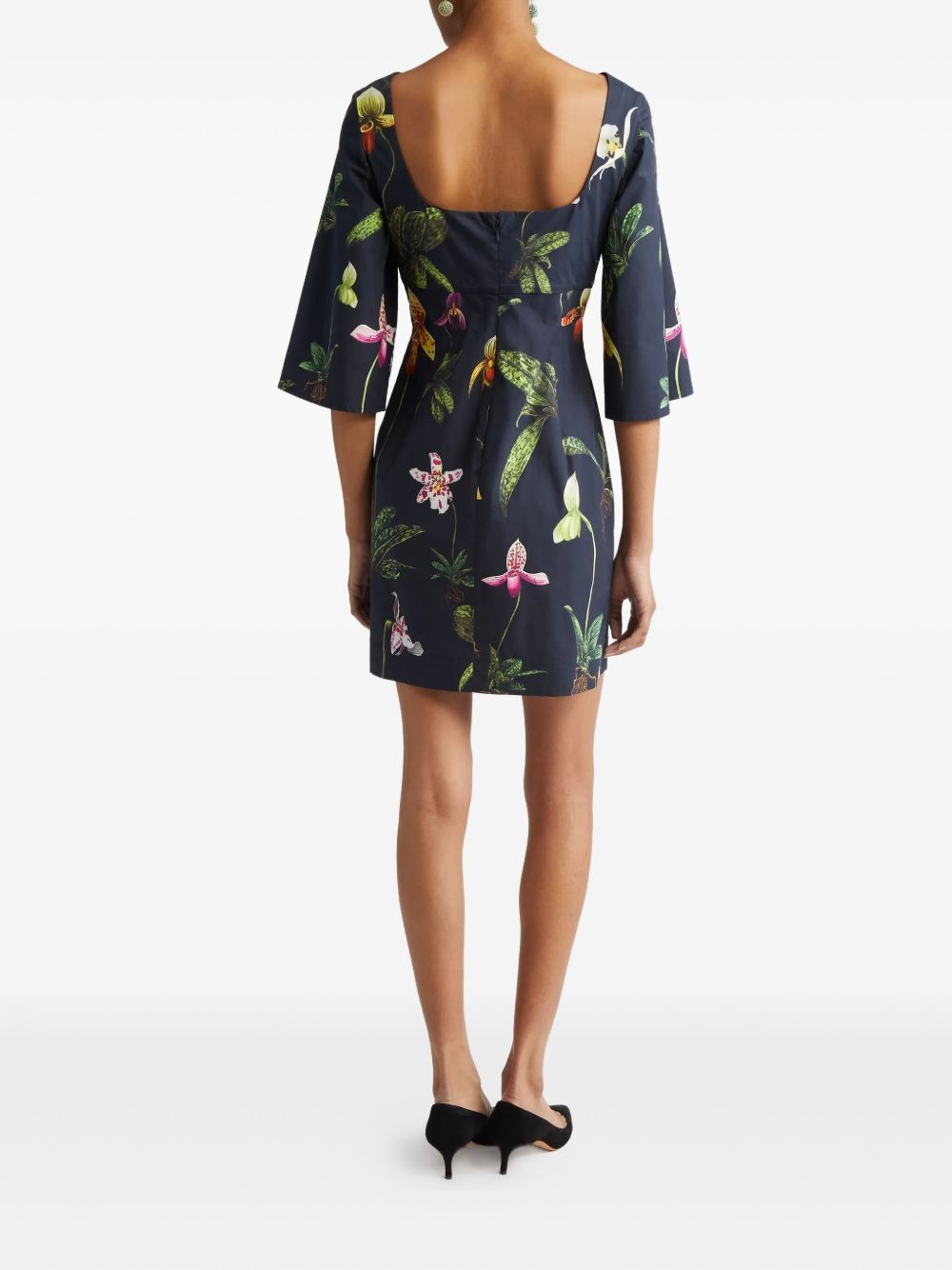 orchid-print bell-sleeve mini dress - 2