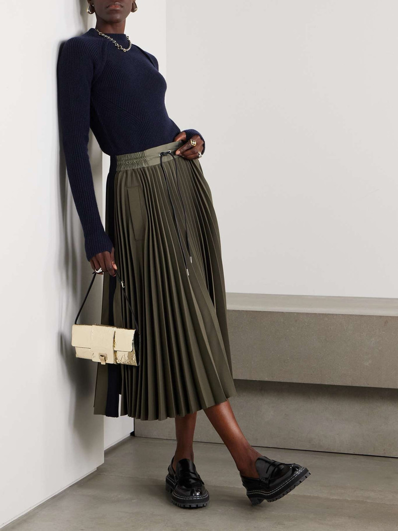 sacai Ribbed-knit trimmed pleated tech-jersey midi skirt outlook