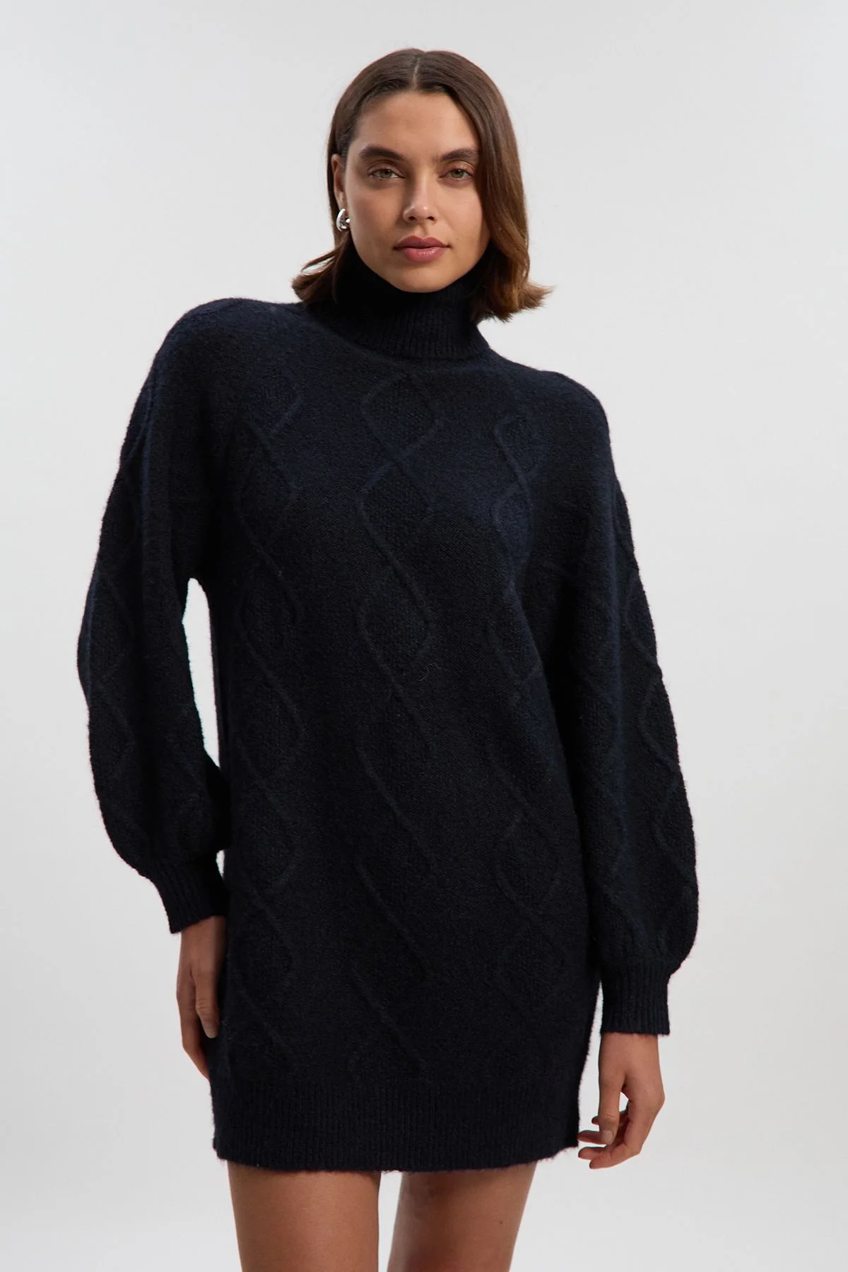 Wool Blend Cosy Cable Stitch Roll Neck Jumper Mini Dress - 1