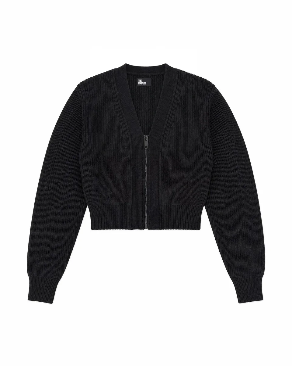 SHORT, ZIPPERED MERINO WOOL CARDIGAN IN GRAY - 1