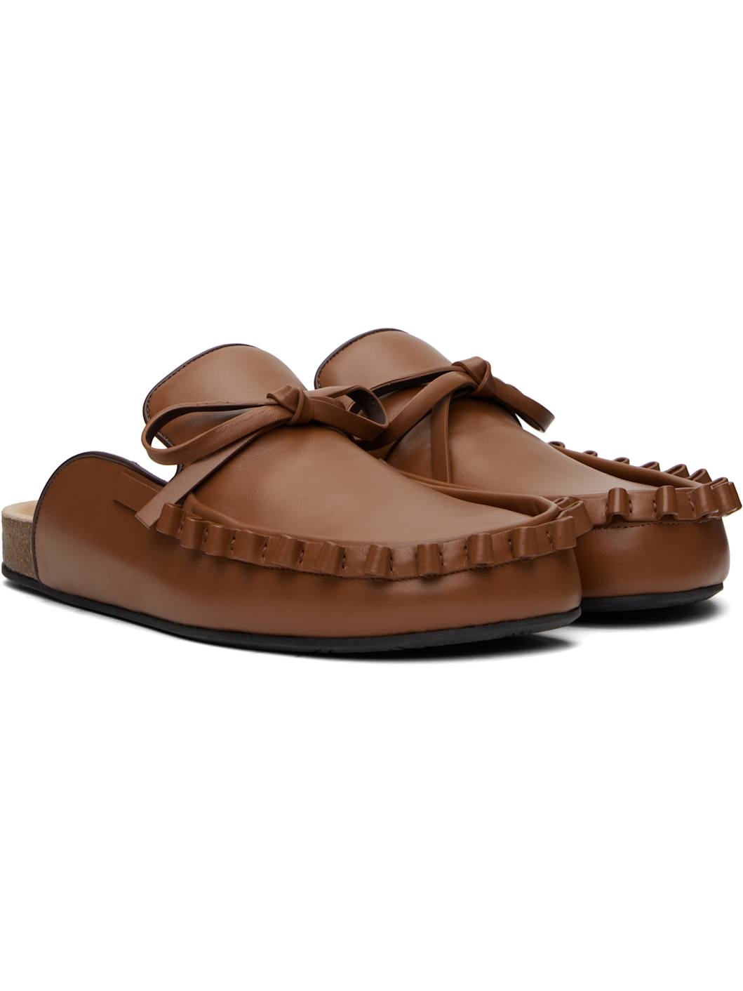Tan Ruffle Loafer Leather Mules - 4